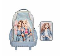 Depesche TOPModel Festival Fun - Sac à dos d'école à roulettes et trousse à 3 compartiments, avec motif modèle et motif floral, cartable avec poignée télescopique, trousse avec crayons de couleur