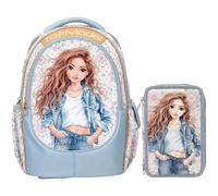 Depesche TOPModel Festival Fun - Sac à dos d'école et trousse à 3 compartiments, avec motif modèle et motif floral, sac d'école avec bretelles réglables, trousse avec crayons de couleur, ciseaux