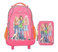 Depesche TOPModel Joy - Sac à dos d'écolier à roulettes et trousse à 3 compartiments, avec motif de modèle et pendentif en perles, sac d'école avec bretelles réglables, trousse avec crayons de couleur