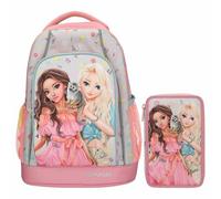 Depesche TOPModel Juicy - Sac à dos d'écolier et trousse à 3 compartiments, avec motif modèle et motif floral, sac d'école avec bretelles réglables, trousse avec crayons de couleur, ciseaux, règle