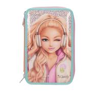 Depesche TopModel Music 14100 Trousse à 3 Compartiments remplie en Rose, Abricot et Turquoise, avec Motif modèle et Paillettes, Trousse avec Crayons de Couleur, Ciseaux, règle, etc.