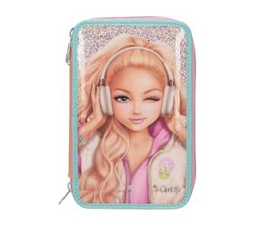 Depesche TopModel Music 14100 Trousse à 3 Compartiments remplie en Rose, Abricot et Turquoise, avec Motif modèle et Paillettes, Trousse avec Crayons de Couleur, Ciseaux, règle, etc.