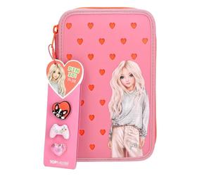 Depesche TOPModel Pin It - Trousse à crayons à 3 compartiments remplie | en rose vif et orange, découpes en forme de cœur et un motif de mannequin, trousse contenant des crayons de couleur