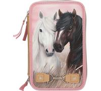 Depesche 13187 Miss Melody Dusty Rose - Trousse à Crayons 3 Compartiments remplie en Vieux Rose, avec Motif de Chevaux et Fermeture décorative, Trousse à Crayons avec Crayons de Couleur