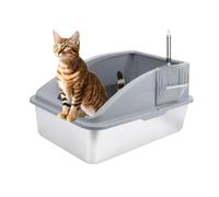 Depisuta Boîte à Litière pour Chats en Acier Inoxydable, Bac à Litière de Chat en Haut à Haut avec des Côtés Hauts, Plateau à Litière en Métal avec Cuillère, Non Collant, Anti-Fuite (Gris foncé)