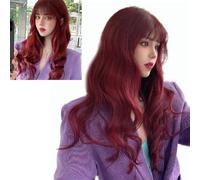 Depisuta Perruque Longue Bouclée à Frange D'air Rouge Vin, Moelleuse et Attrayante pour la Fête de Spectacle, Matériau en Fibre de Fil à Haute Température