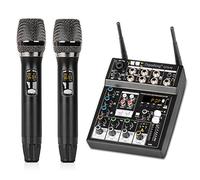 Depusheng Mélangeur audio professionnel, mélangeur de son 6 canaux avec double micro sans fil, console de carte son MP3 Bluetooth 48 V alimentation fantôme interface USB mixage DJ