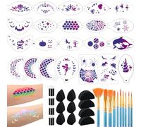 Depvision Kit d'accessoires de peinture pour le visage réutilisables avec 22 pochoirs de peinture pour le visage, 10 pinceaux par pinceau, 6 éponges florales, 4 éponges demi-lune, 4 doigts