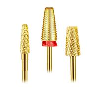 Depvko Lot de 3 forets à ongles, forets 5 en 1 pour ongles de 3/32", corps conique et cône en carbure pour dissolvant d'acrylique ou de gel, doré