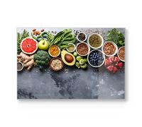 DEQORI Planche à découper en verre - Grande taille - 30 x 20 cm - Motif « Choix de superaliments » - Planche à découper design pour la cuisine - Planche à petit-déjeuner antibactérienne et