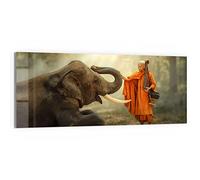 DEQORI Tableau en verre acrylique | Motif « Bouddhiste touchant l'éléphant » - horizontalement 125 x 50 cm - Belle décoration murale pour salon, chambre à coucher, couloir et cuisine - Décoration