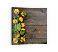 DEQORI Tableau magnétique en verre - 30 x 30 cm - Motif oranges sur planches en bois - Tableau mémo en verre - Avec aimants, stylo et chiffon pour cuisine et bureau - Tableau magnétique et