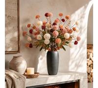 Der Rose Chrysanthème artificiel Pompon Fleurs avec vase pour décoration | 18 tiges de fleurs d'automne artificielles avec eucalyptus, 1 vase noir découpable et réglable pour décoration de table de
