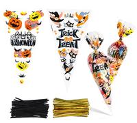 DERAYEE 100pcs Sacs Bonbons, Sacs de Cône Citrouille Halloween，Sachet Plastique Transparent avec 120 Bandes Torsadées,Sac Halloween enfant Biscuits et Cadeaux