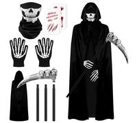 DERAYEE Costume Adulte Halloween Faucheuse,Deguisement Halloween Faucheuse,Veste de Cape Faucheur 130CM,Masque Tête de Crâne,Une Faucille,Des Gants de Crâne,Kit Tatouage de Plaie