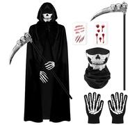 DERAYEE Costume Adulte Halloween Faucheuse,Deguisement Halloween Faucheuse,Veste de Cape Faucheur 150CM,Masque Tête de Crâne,Une Faucille,Des Gants de Crâne,Kit Tatouage de Plaie