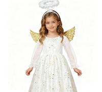 DERAYEE Costume d'ange pour Noël,Robe d'ange avec Paillettes,des Ailes Dorées et un Serre-tête Fille,Déguisement Costume d'ange Enfant pour Noël Cosplay Halloween Carnaval (S)