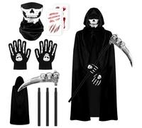 DERAYEE Costume Enfant Halloween Faucheuse,Deguisement Halloween Faucheuse,Veste de Cape Faucheur 90CM,Masque Tête de Crâne,Une Faucille,Des Gants de Crâne,Kit Tatouage de Plaie
