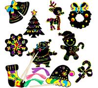 DERAYEE Lot de 48 décorations de Noël à gratter en papier à gratter avec crayons en bois et rubans arc-en-ciel - Chaussettes de Noël pour Noël - Cadeau pour enfants