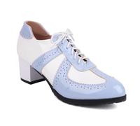 Derbies Brogue Femmes en Cuir Verni Bicolore Derbies À Lacets Noir Et Blanc À Talon Bloc Pumps De Soirée Et De Bureau Inspirées du Vintage,Bleu,38 EU
