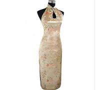 DERFX Vintage Sexy Backless robe traditionnelle chinoise longue Halter cheongsam qipao nouveauté Dripping Costume (Color : Gold, Size : S)