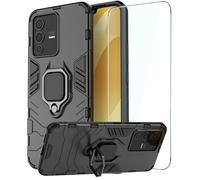 DERHAN Coque pour Vivo V23 5G, Étuis Antichoc avec Anneau + Verre trempé, Housse de Protection Anti-Vibration, Silicone TPU Case Cover Bumper - Noir