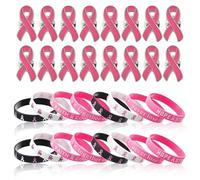 DERJDISF Cadeaux au Cancer du Sein pour Femmes - Ensemble de 32 Bracelets de Sensibilisation au Cancer du Sein & Broches en Forme de cœur Rose - Espoir, Foi, Force et Courage