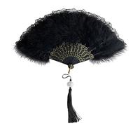 DERJDISF Éventail Pliant à Plumes Marabou à Fleurs brodées, Accessoire de Costume Vintage des années 1920, pour Halloween, Danse, Spectacle, fête de thé et décoration- Noir