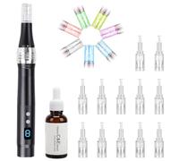 Derma Pen Derma Pen réglable de 0 à 2,5 mm, stylo à micro-aiguilles, rouleau derma et sérum vitamine C de 30 ml, sérum avec 20 % de vitamine C (avec 12 cartouches de têtes)