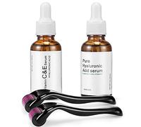 Derma Roller Kit de micro-aiguilles 4 en 1 pour 2 paquets (0,5 mm/1,5 mm) + sérum à l'acide hyaluronique + sérum visage à la vitamine C - 540 micro-aiguilles en titane