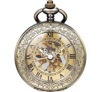 DerMacht Montre de poche mécanique en bronze pour homme et femme avec loupe spéciale demi-chasseur gravé chiffres romains avec chaîne
