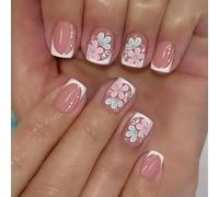 Dermalyx Ongles Press On Printemps Été, Ongles Français Blancs avec Fleurs Roses et Vertes, Paillettes Faux Ongles Artificiels, Ongles à Coller, Ensemble Faux Ongles, Des