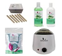Dermawax Kit de cire professionnel - 1000 ml - Fabriqué en Espagne - 1 kg de perles de cire d'aloe vera - Lotion prétraitante 500 ml - Lait post-traitement à l'aloe vera 500 ml - 200 spatules en bois