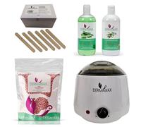 Dermawax Kit de cire professionnel - 1000 ml - Fabriqué en Espagne - 1 kg de perles de cire rose - Lotion prétraitante à l'aloe vera 500 ml - Huile de post-traitement à l'eucalyptus - 200 spatules en