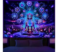 Dermijer Tapisserie de méditation chakra à la lumière noire - Fleur Chakra Galaxie Espace Planète Tapisserie Réactive aux UV Lotus Spirituel à suspendre au mur pour décoration d'intérieur - 159,1 x