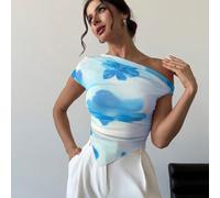 Dernier design de la Saint-Valentin Élégant T-shirt court à manches courtes asymétriques avec imprimé dégradé tie-dye, épaules dénudées et ourlet asymétrique. Printemps/Été L,M,S,XLTie dyePolyester