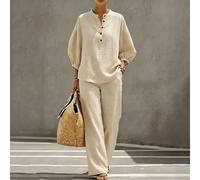 Dernier ensemble décontracté ample en coton et lin texturé pour femme printemps/été, comprenant un Top à col rond à demi-boutonnage avec manches lanternes associé à un pantalon large assorti, tissu fr