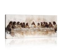 Dernier Repas Grand Tableau Decoration Murale Avec Bois, Chrétien Classique Jésus Impression Sur Toile Religieux Christ Toile Peinture Sur Toile Maison Décoration pour Église Salle de Prière 50X120cm
