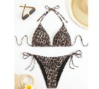 Dernier Top de bikini décontracté sexy à imprimé léopard avec dos nu et froncé, en grande taille. Ensemble de maillot de bain avec string noué sur les côtés. Étirement moyen, idéal pour les vacances à