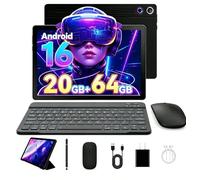 Dernière tablette Android 16 10,1" avec écran tactile IPS HD, double caméra, 64 Go de stockage d'extension de 1 To, kit de tablettes 8 en 1 avec clavier, étui de protection, souris, stylet, BT 5.4
