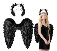 Dernières ailes d'ange avec auréole, ailes d'ange noir rêveur 60 × 60 cm, costume d'anger et de diable pour femmes, accessoire de costume d'Halloween, adultes et enfants pour les fêtes carnaval