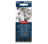 Derwent Line Maker Noir, Set de 6, Feutres Fineliner, Pointes Variées, Encre à Séchage Rapide, Idéal pour le Croquis, l'Écriture, l'Illustration et le Coloriage, Qualité Professionnelle, 2305559