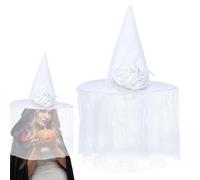 Derwrtup Chapeau de sorcière | Chapeau de sorcière blanc pour Halloween | Chapeau de costume avec voile et pour Halloween festivités spectacles sur scène célébrations fêtes de famille bals masqués