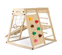 Deryan d'escalade pour Enfants | Aire de Jeux Intérieure avec Toboggan, Mur d'escalade, Filet à Grimper & Anneaux de Gym - Tour Pliable en Bois | Naturel