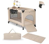 Deryan Lit Parapluie Bébé avec Matelas Inclus, 0-5 Ans (0-20 kg), Léger 9 kg, Grand Matelas, Ouverture Latérale, Design Pliable, Sac de Transport Inclus, 120 x 60 cm (Nougat, Drap à langer + Éleveur)