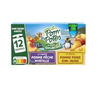 Des compotes sans sucres ajoutés pour des collations saines et gourmandes - POM'POTES P'tits Explorateurs pomme pêche myrtille et pomme poire kiwi jaune, 12 gourdes de 90g - Lot de 3