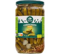 Des cornichons croquants et savoureux pour vos repas quotidiens - CARREFOUR CLASSIC' Mini Cornichons à l'estragon, bocal de 360g - Lot de 3