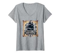 des garçons Pirates nés pour Piller Une Chasse au trésor aventureuse T-Shirt avec Col en V, Femme, Gris Chiné, XXL