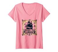 des garçons Pirates nés pour Piller Une Chasse au trésor aventureuse T-Shirt avec Col en V, Femme, Rose, S