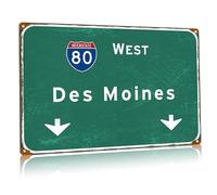 Des Moinea Plaque en métal vintage Interstate 80 West Road Sign Urban Rural Street Airport Highway Sign Cafe Bar Club Chambre Décoration murale 30,5 x 45,7 cm